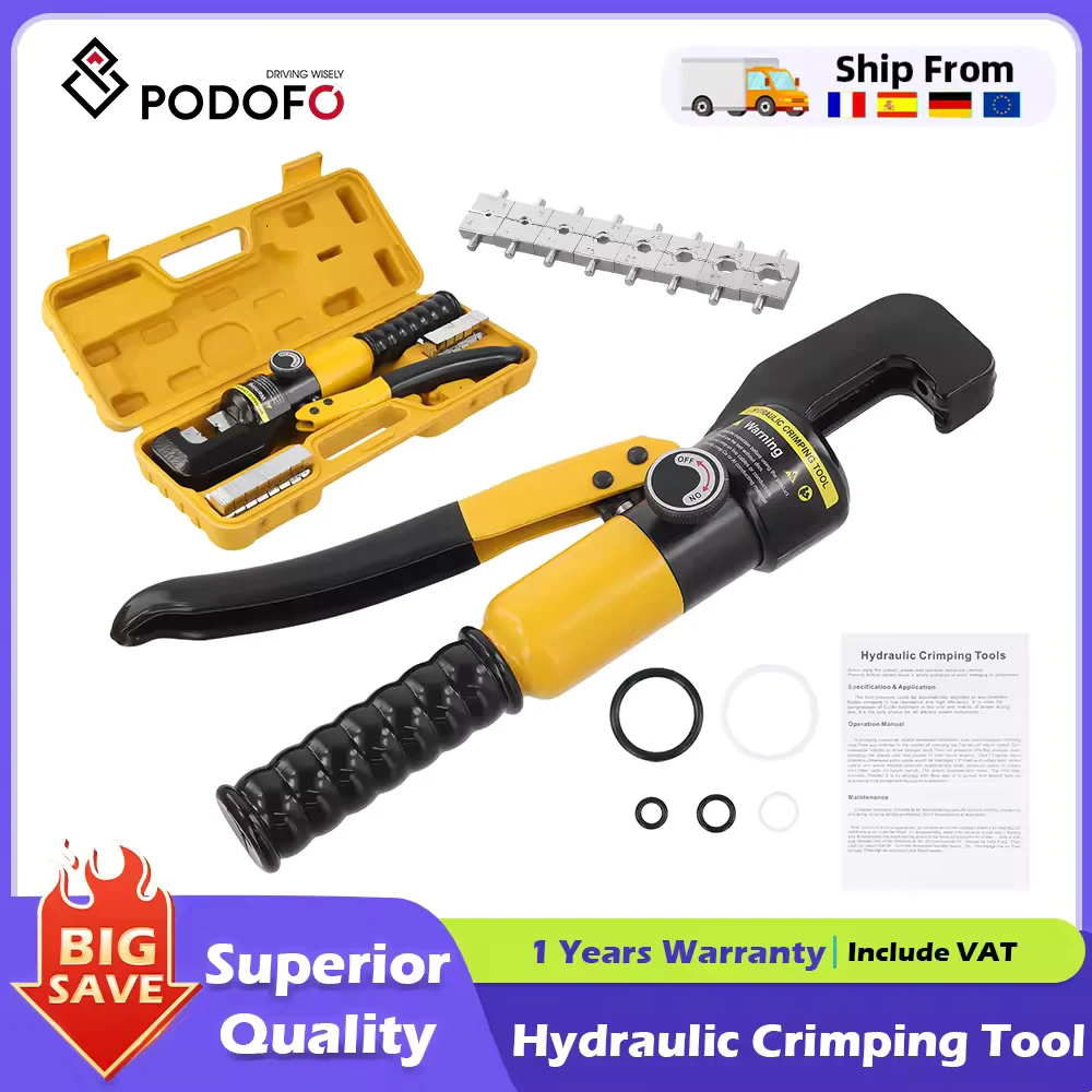 Herramienta de crimpado hidráulica Podofo 10T YQK-70, crimpadora de terminales de cable 12-2/0 AWG, alicates hidráulicos con caja de almacenamiento