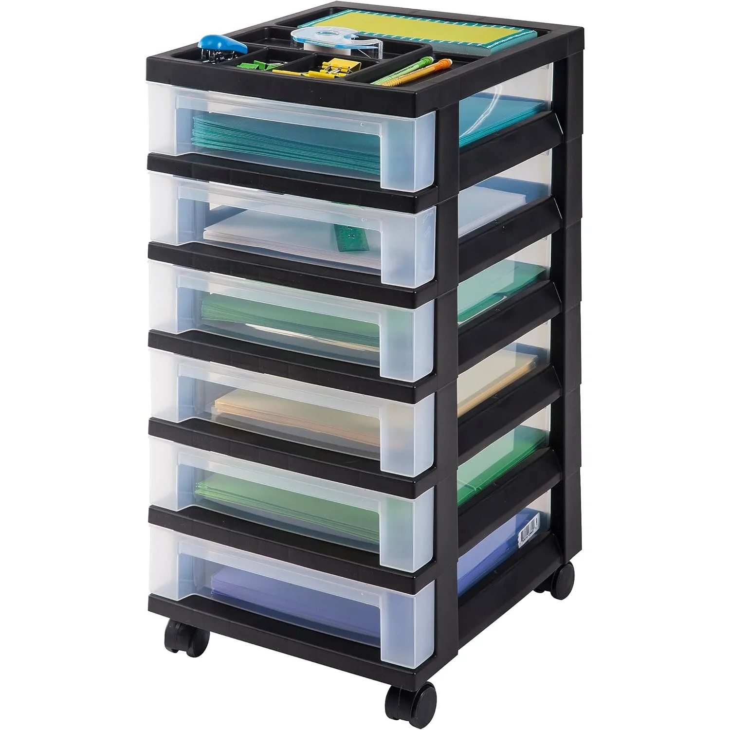 Plastic Drawer Storage Organizer Rolling Cart with Wheels Casters 6-Drawers for Classroom Art Craft Supplies Dresser,Black/Clear