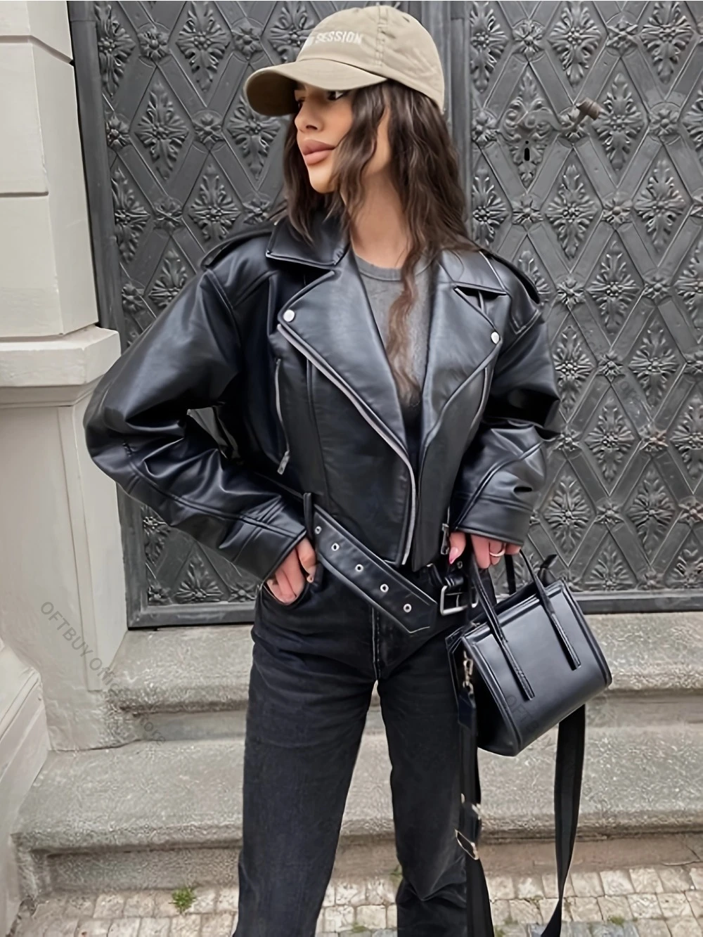 

OFTBUY Short Pu Jacket with Belt Streetwear Women Vintage Loose Faux Leather Female Zipper Retro Moto Biker Coat Outwear Tops