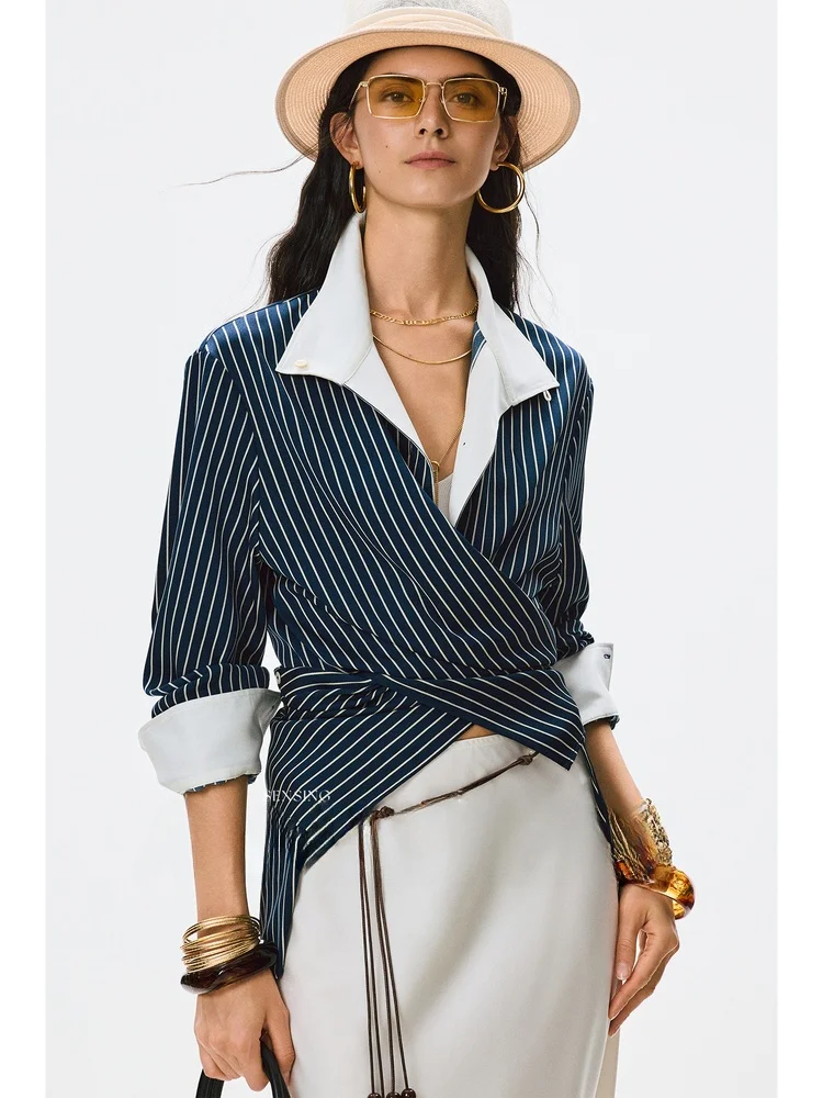 

Annaspeak Modern Design Striped irt Women's Loose Fit Sensation Pearl Accented Color Blo Acetate Fiber Cool Sensation Top