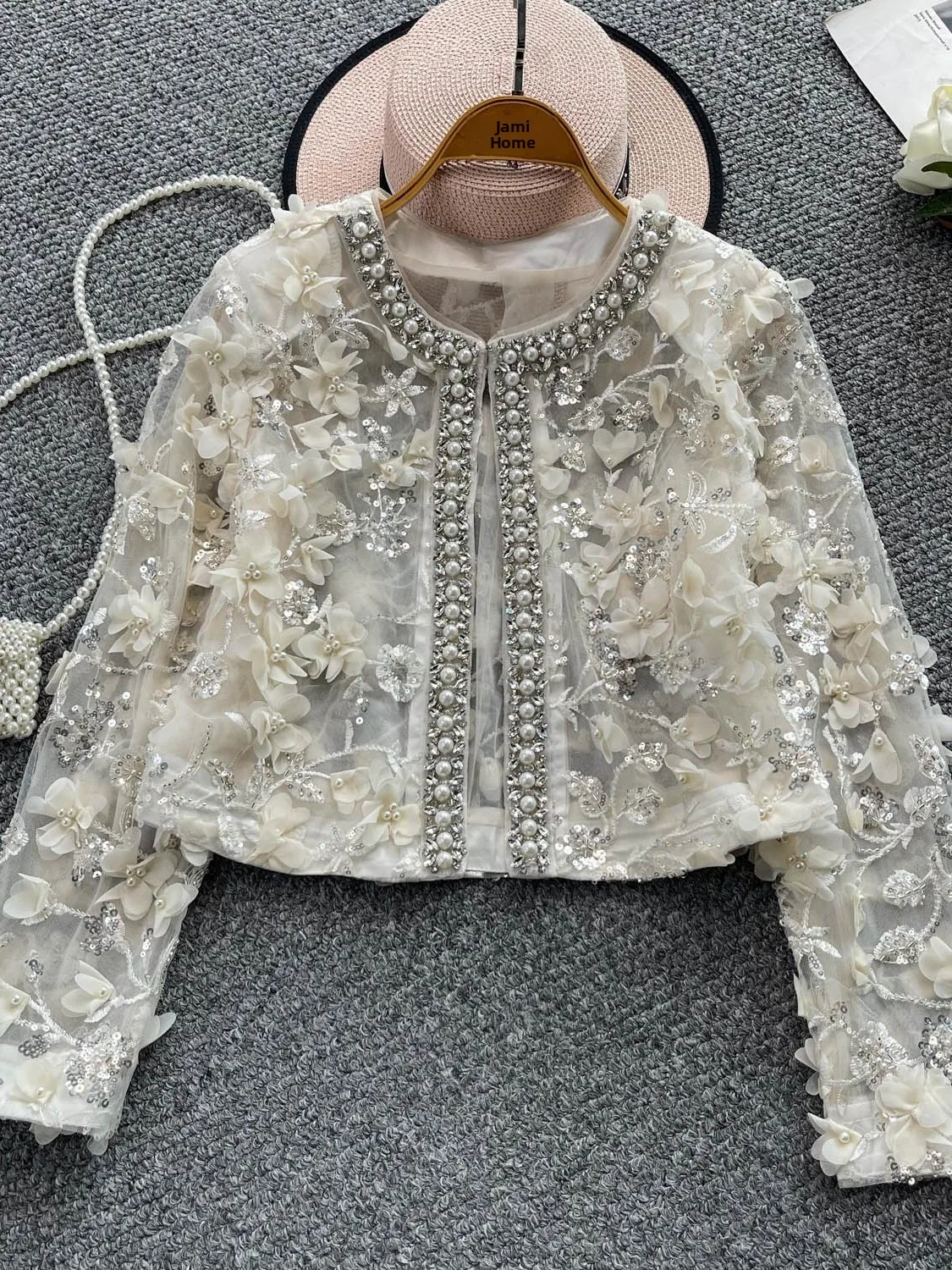 

Beaded Diamond Jacket Elegant Commute Style Loose Fit Netting Shiny Sequin Anti-Aging Short Coat for Women
