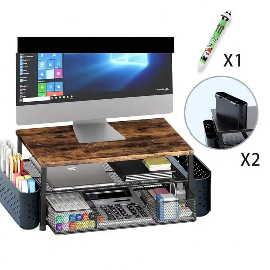 Computer Monitor Stand For Desk, Laptop Riser, Desk Organizer With Drawer And 2 Pen Holders, Desk Monitor Stand Underneath Stora