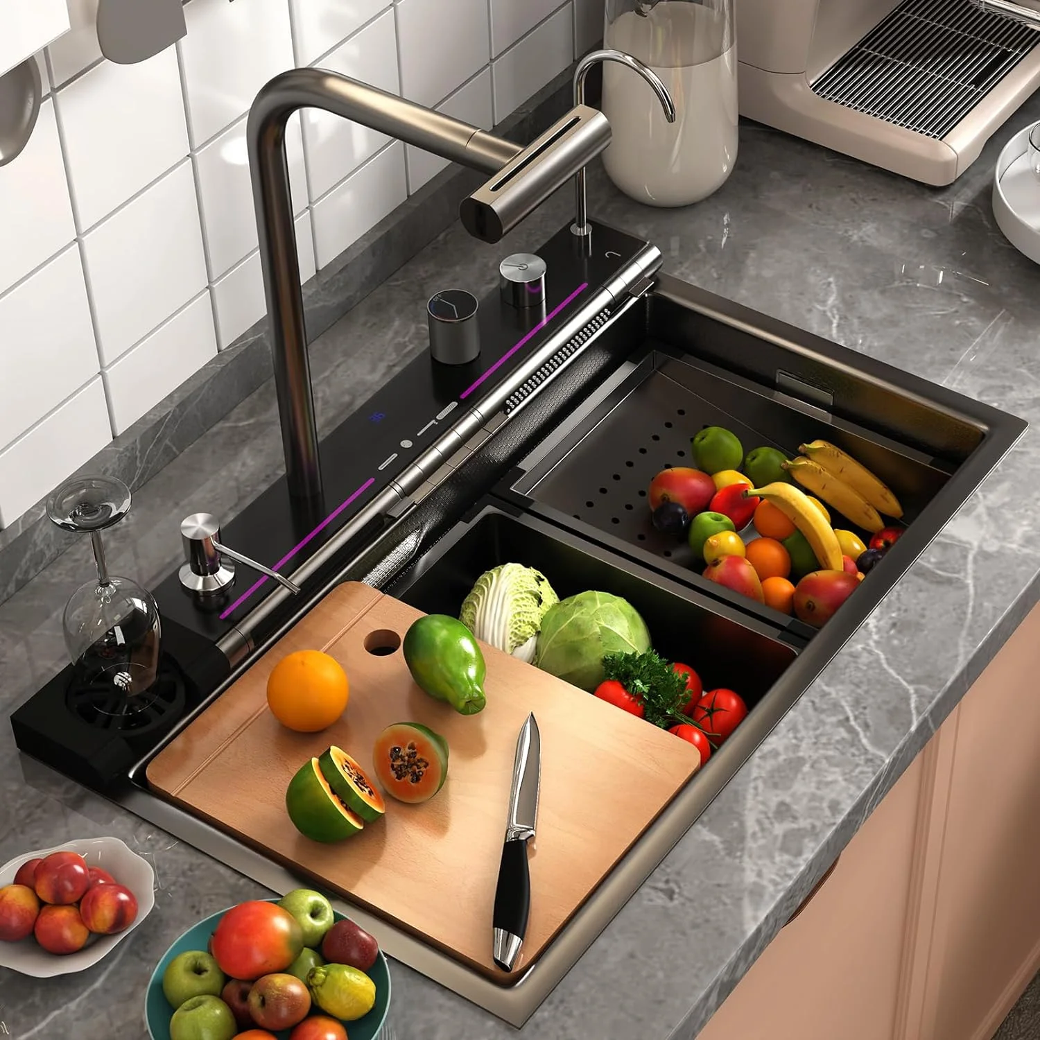 Kitchen Sink Digital Display Embossed Large Single Groove honeycomb Black Nano Raindance Waterfall Sink with Pressurized Cup