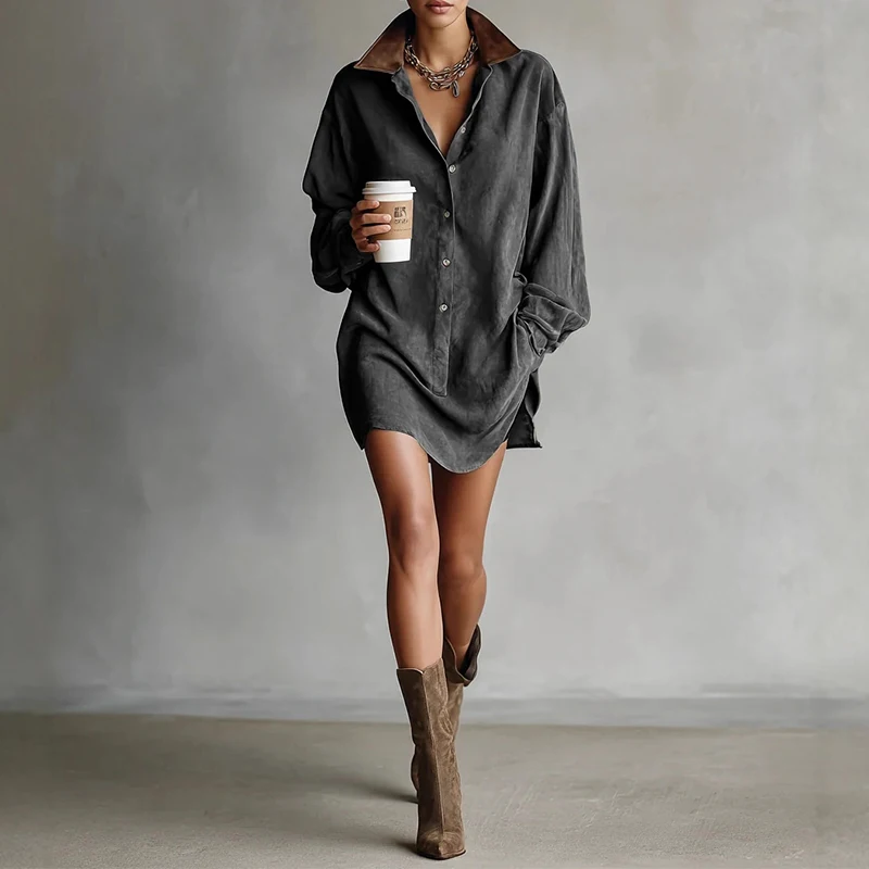 Contrast Lapel Button Shirt Dress for Women Retro Solid Suede Loose Mini Short Dress Autumn Long Sleeve Pocket Pullover Dress