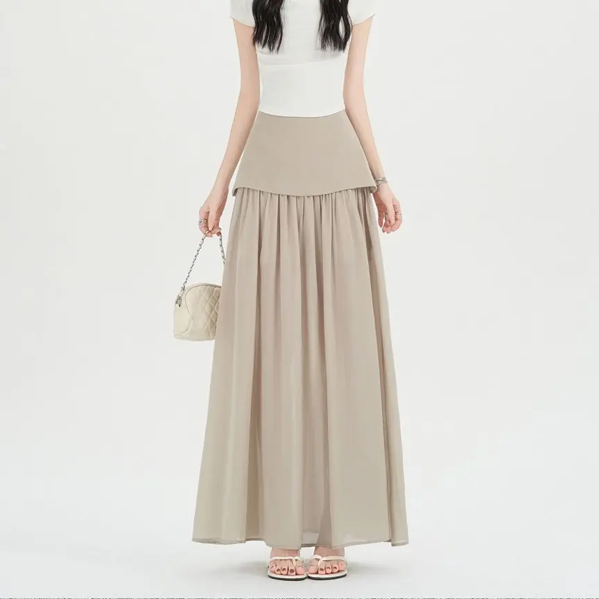 Qiukichonson Maxi Long Skirts Womens Chiffon Skirt 2026 Korean Elegant Summer Patchwork Waist Ruffle Pleated Sheer Skirts Outfit