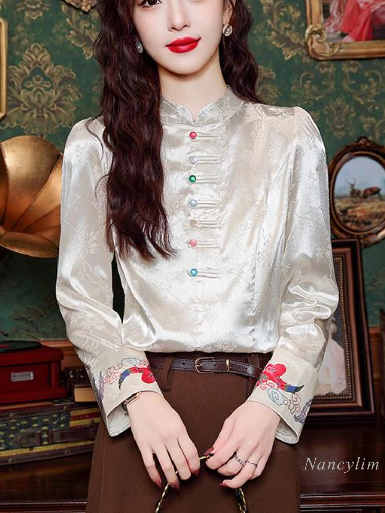 

New Chinese Style Blouse Women's National Style Button-up Shirt 2024 Autumn Clothing New High-end Retro Jacquard Top