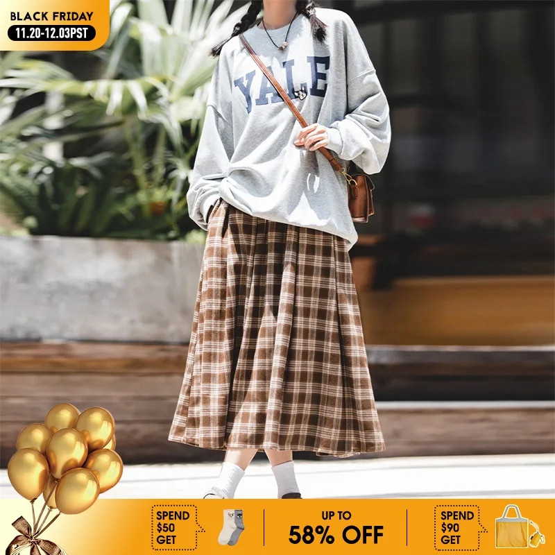 

Maden Women's American Plaid Pocket Half Skirt Loose Relaxed Slim High Vintage Plaid Long Umbrella Skirt Autumn