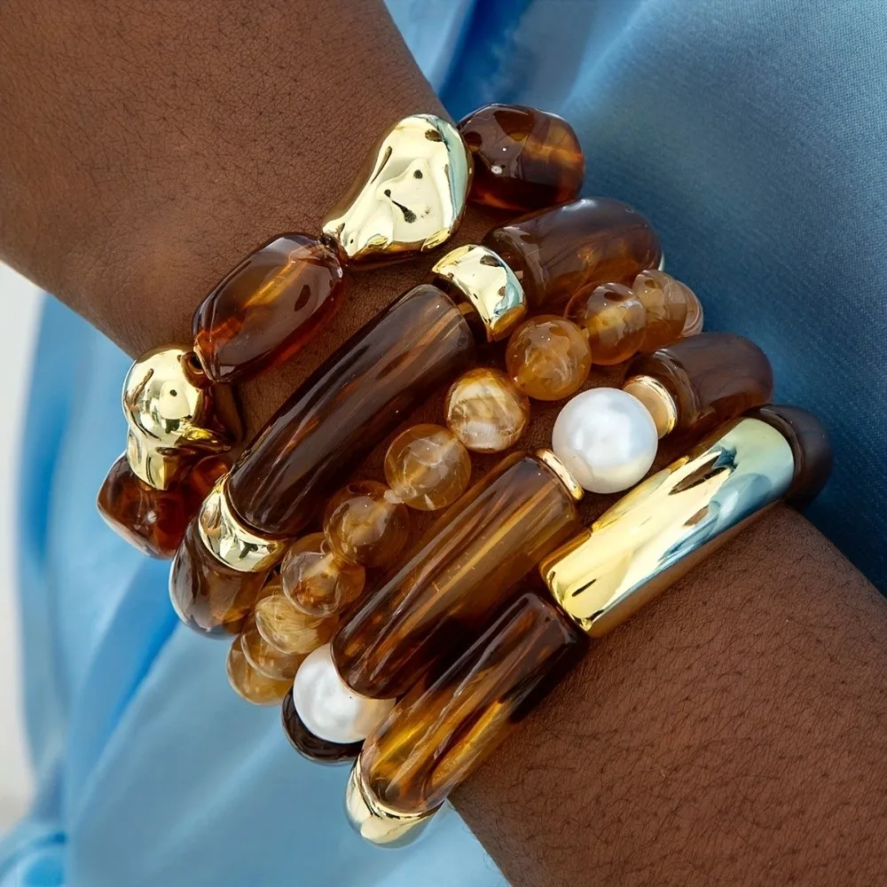 5pcs Boho Beaded Bracelet Set ‌Stackable ‌Tortoiseshell Bangle Bracelet Set Brown Handmade Wristband Jewelry Women's Jewelry