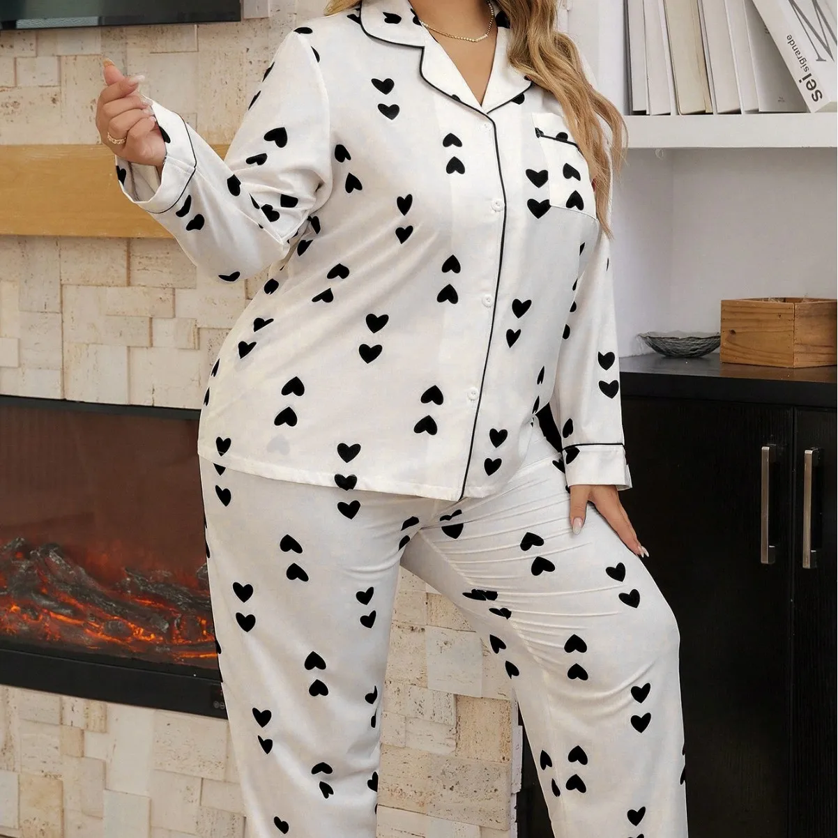 Plus Size Women's European American Pajama Set Long Sleeve Cardigan Trousers Cozy Lounging 4XL Size Love Heart Printed 2 Pieces