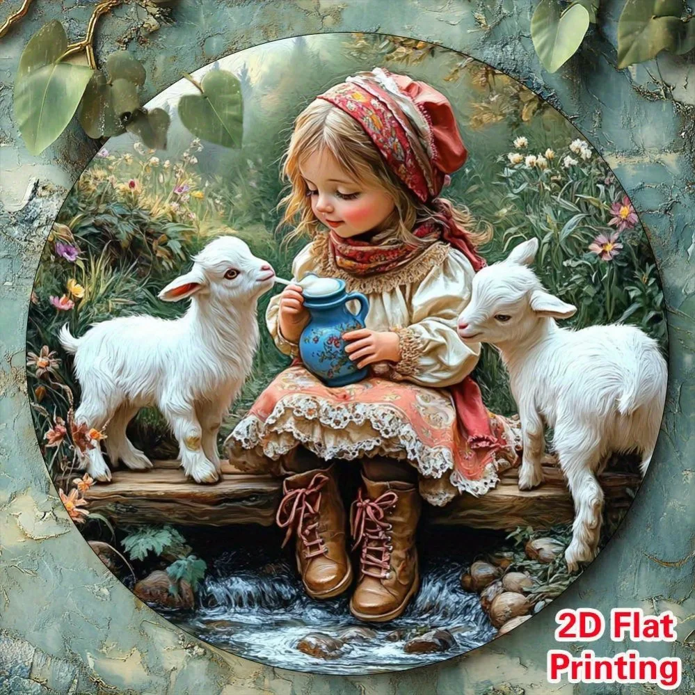 Vintage Country Little Girl White Goats Stream Round Metal Tin Sign Wall Decor For Home Farm Art Plaque