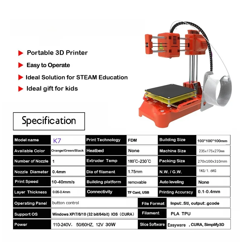 Desktop Portable Student Children's Starter 3D Printer K7