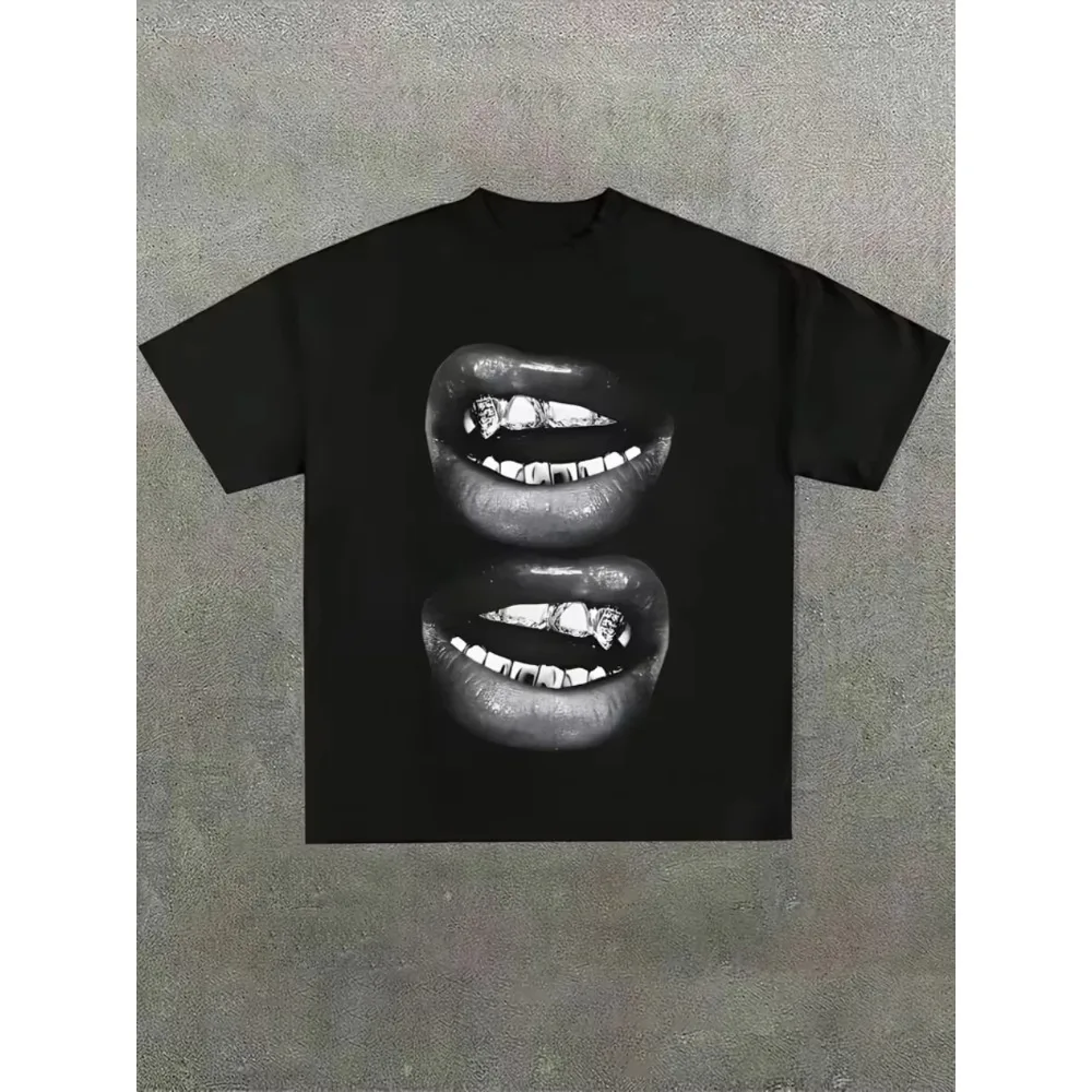Lip Pattern Printed T-shirts Men Women Unisex Casual and Trendy Oversize Casual T-shirts Travel Daily Streetwear Hip Hop Vintage