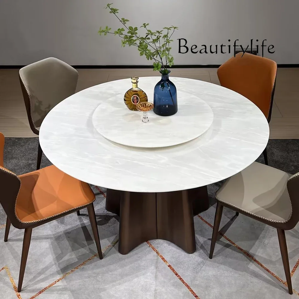 Luxury stone dining table round household dining table Italian light natural marble high-end large round dining table