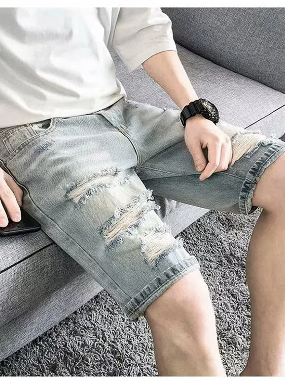 

Новые мужские рваные джинсы из денима, светлые, винтажные, приталенные, прямые, повседневные, летние, средней длины, в стиле Faion Urban Sle