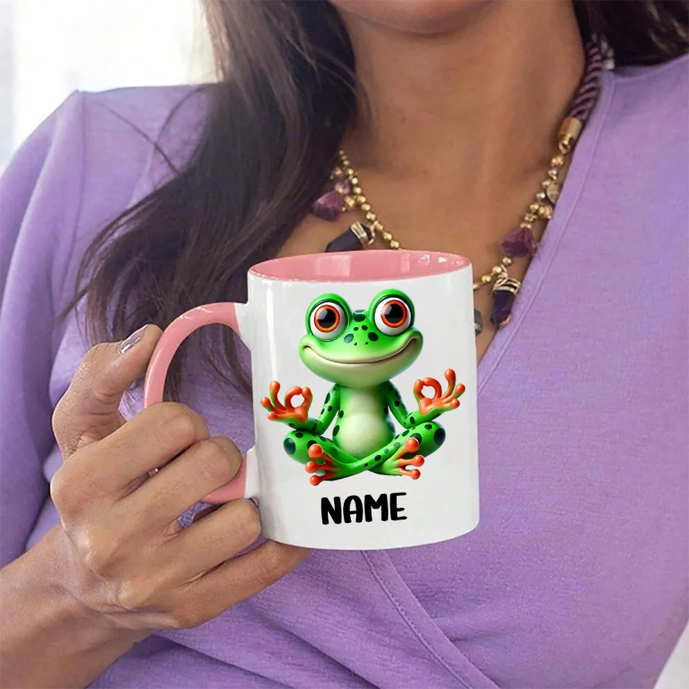 Personalized name mug, green frog meditation design coffee cup, 11 oz printed, available in 7 colors, perfect for back-to-school