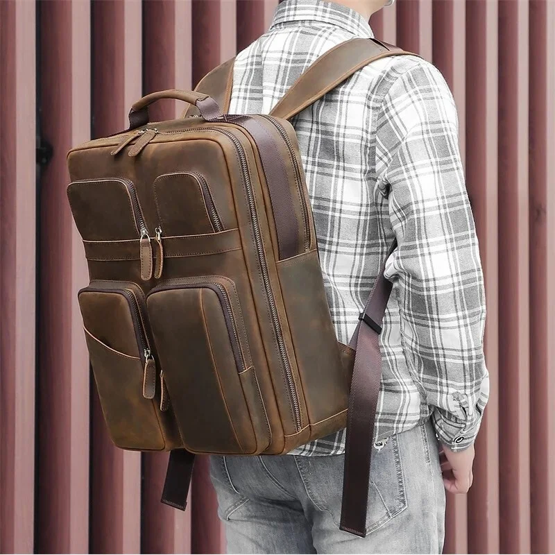Men Vintage Leather Backpack Crazy Horse Leather 15.6'' Laptop Travel Backpack