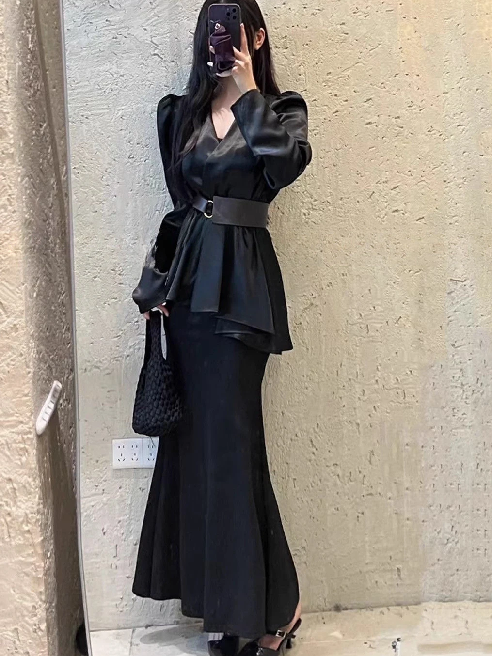 

Корейский Sle Slim Fit irt, атласный длинный свеч V Ne с поясом на талии, модная женская одежда премиум-класса, осень 2021.