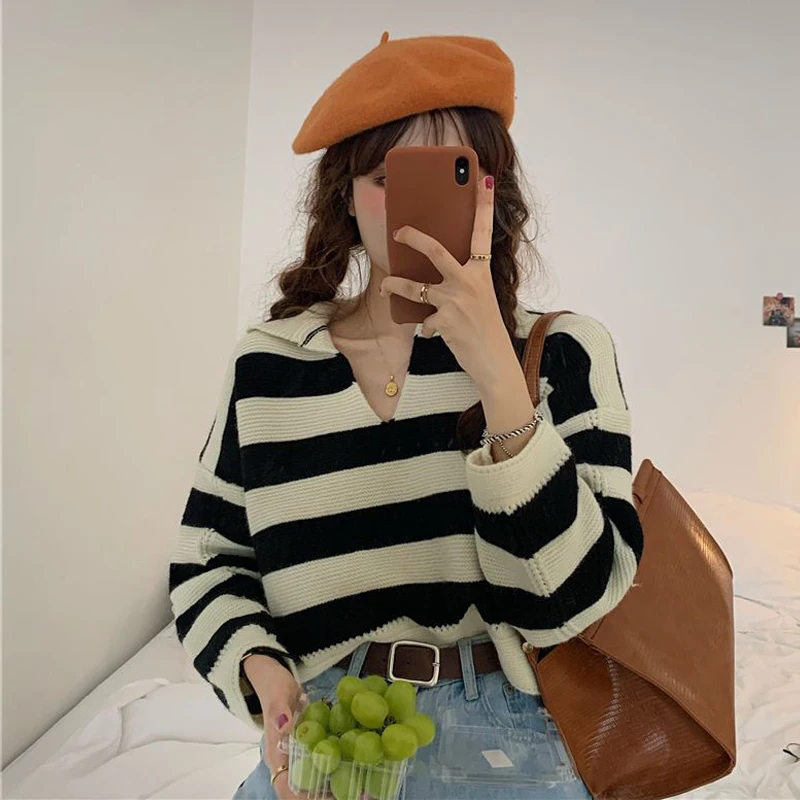 Polo Striped Sweater Women 2024 Winter Y2K Knit Sweaters Lapel Long Sleeve Knitwears Korean Fashion Pullover Basic Top Loose Ins