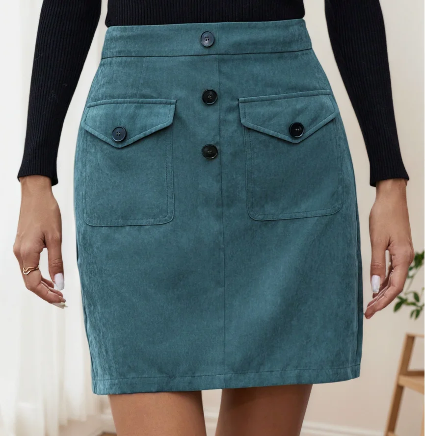 

Women's High-Waisted Corduroy Skirt Flip Pocket Front Button Detail Fashion Comfortable Fit Skirts