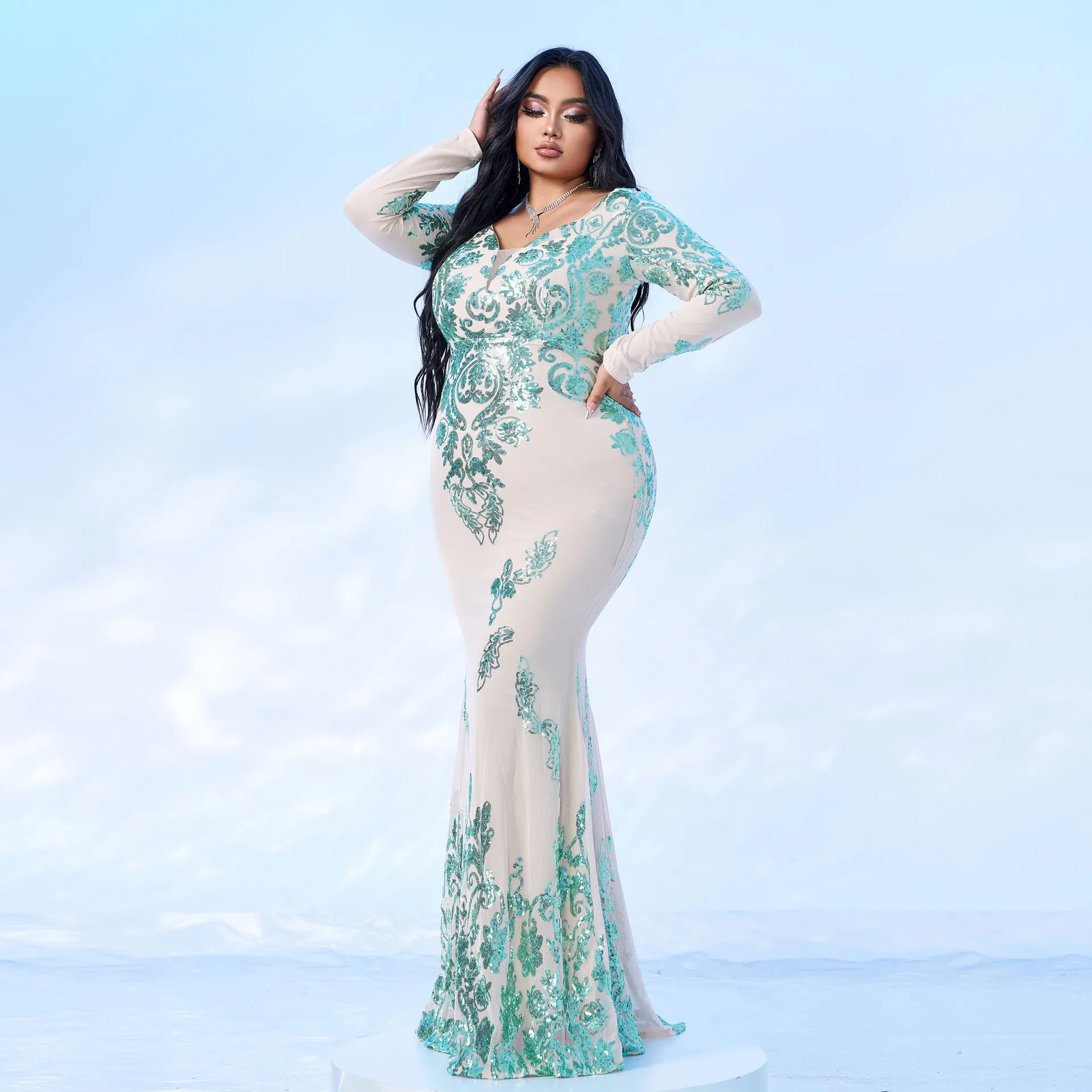 ชุดราตรีทรงเมอร์เมดแบบยาว ไซส์พลัส คอวี ผ้าคลุมไหล่  ชุดออกงาน ชุดทำงาน กระโปรงแบบพันรอบ