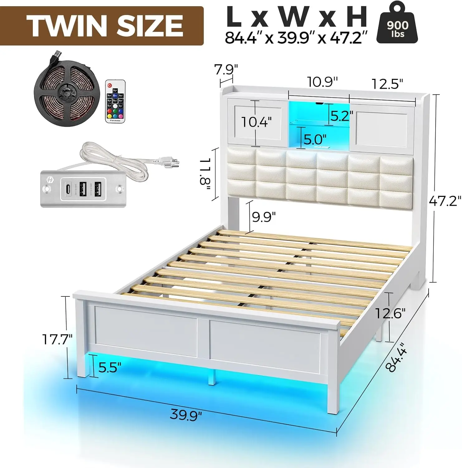 Bed Frame Twin Size with Charging Station, Bookcase Headboard Bed with LED Light and Sliding Doors, Platform Bed with