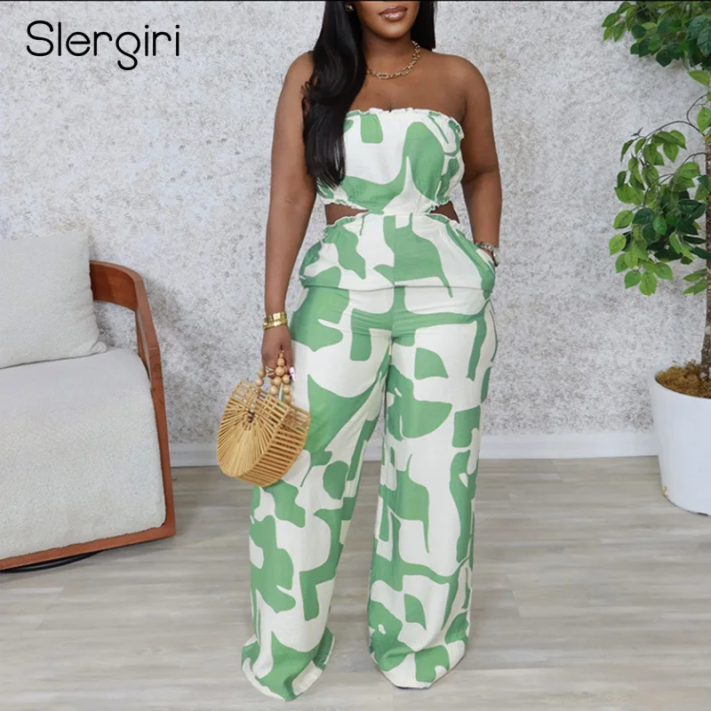 

Slergiri Women's Elegant Print Sleeveless Tube Jumpsuit Summer 2025 New Fashion Sexy Cut Out Pockets Casual Wide Leg Jumpsuits