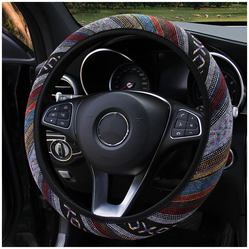 Protector de lino para volante de automóvil con estilo étnico, sin anillo de banda elástica interior para coche, se adapta a 14,5-15 pulgadas