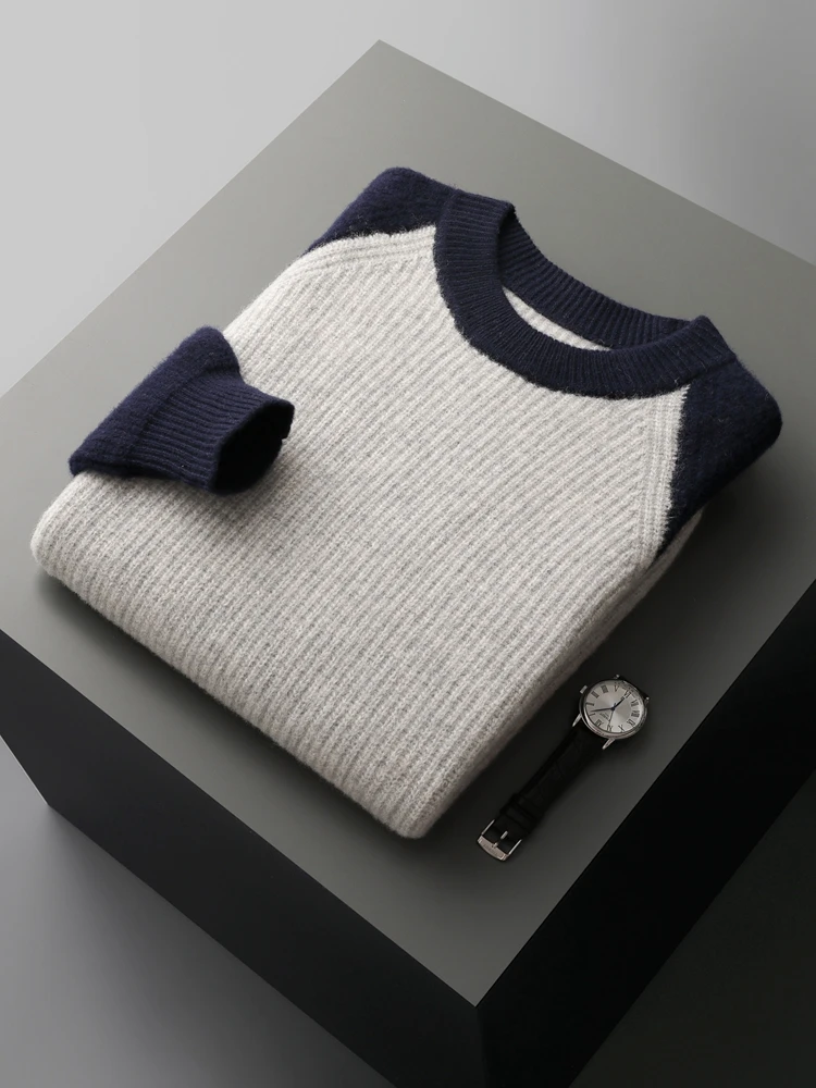 

100% Merino Wool Men's O-neck Thickened Pullover Casual Loose Contrast Color Cashmere Sweater Autumn Winter Warm Underlay Tops