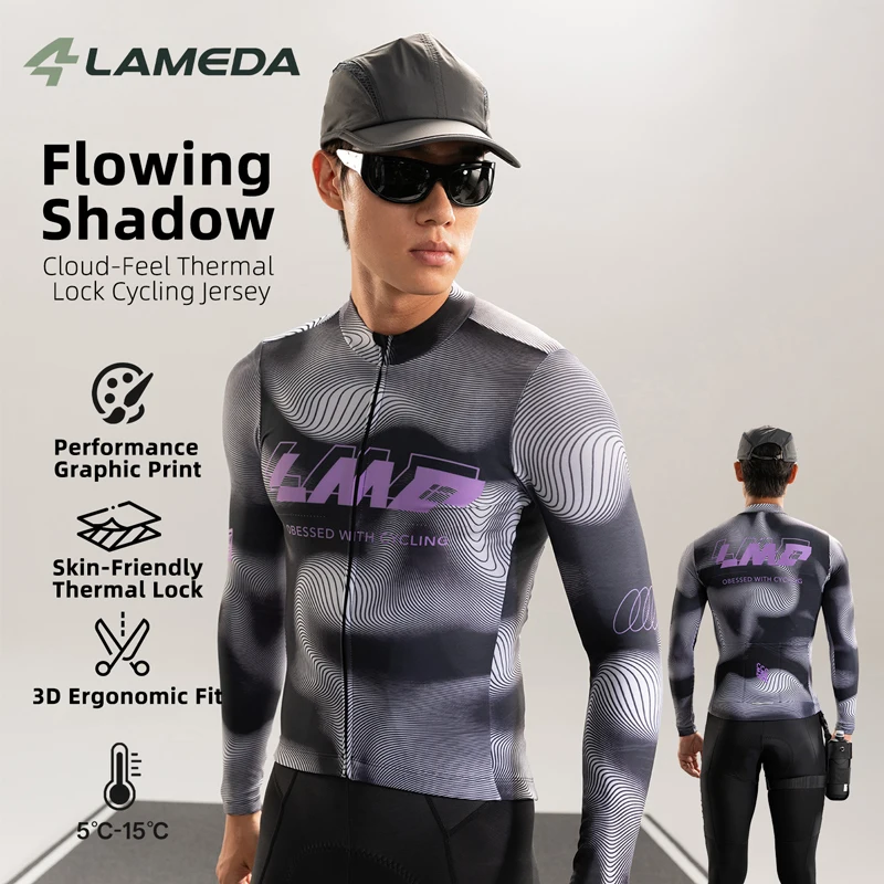 LAMEDA Men's Winter Fleeced Cycling Jersey 5-15°C Thermal Fleece Bike Tops Cloud Warm 3D Fit 3 Pockets Reflective Road Clothing