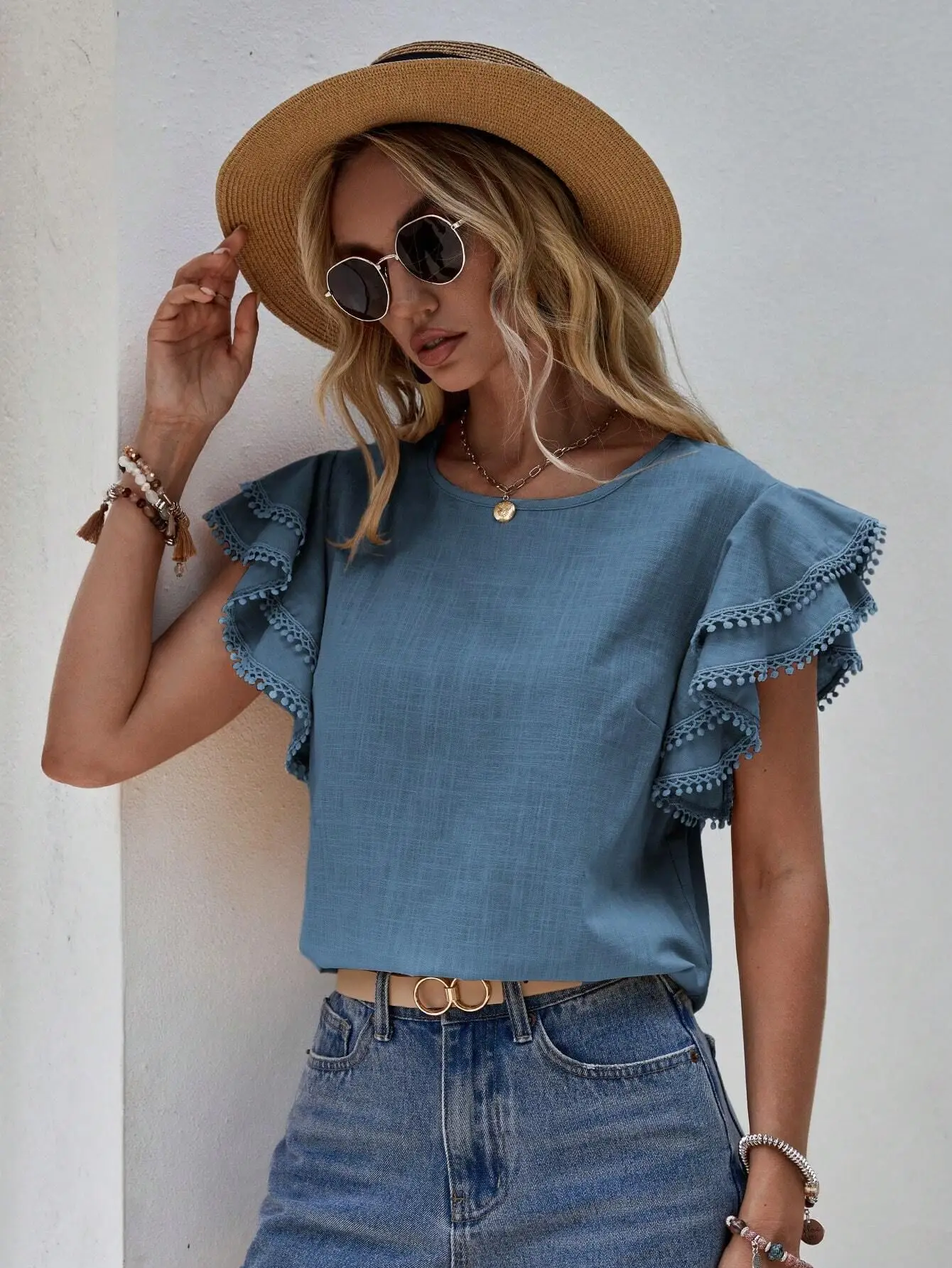 Pink Casual Slim Blouses For Women Summer Fashion Elegant Lace Ruffle Sleeves Women\'s Shirts And Blouses Vintage Youth Girl Tops