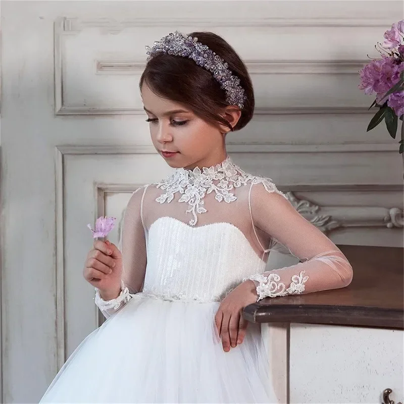 

White Illusion Sleeves Flower Girl Dress Applique Tulle Princess Fluffy Wedding First Communion Party Lace Kid Birthday Dress