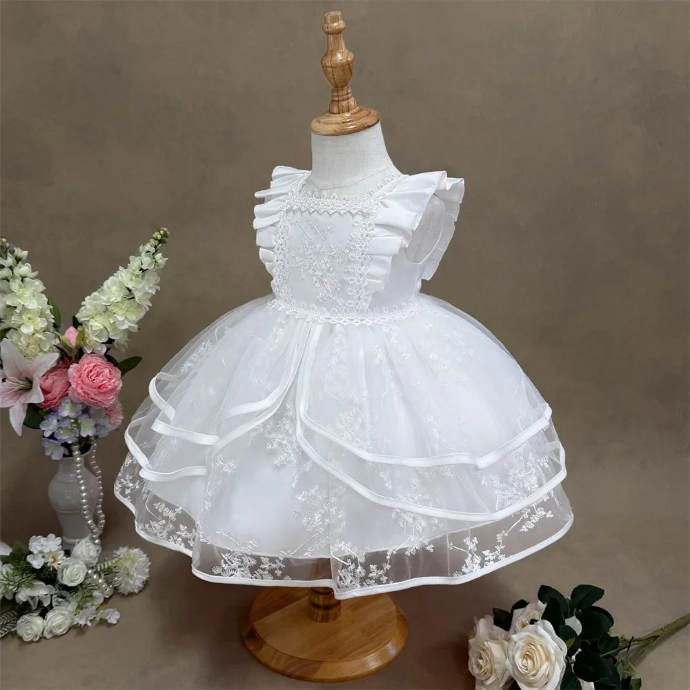 Toddler Girl Lace Tulle Dress Ruffle Sleeveless Princess Gown Kids Wedding Baptism Party Dress Christening Ceremony Wear ASQ03