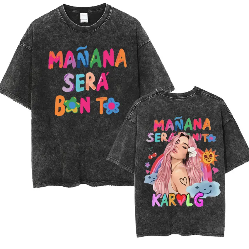 Retro Karol G Manana Sera Bichota Print T Shirts Men Women Vintage Washed High Quality T-Shirt Fashion Harajuku Oversized TShirt