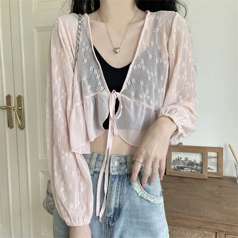 Sweet Ruffles Bandage Crop Tops Female Elegant V-Neck Lace Sun Protection Blouse Women Summer Long Sleeve Thin See Through Shirt