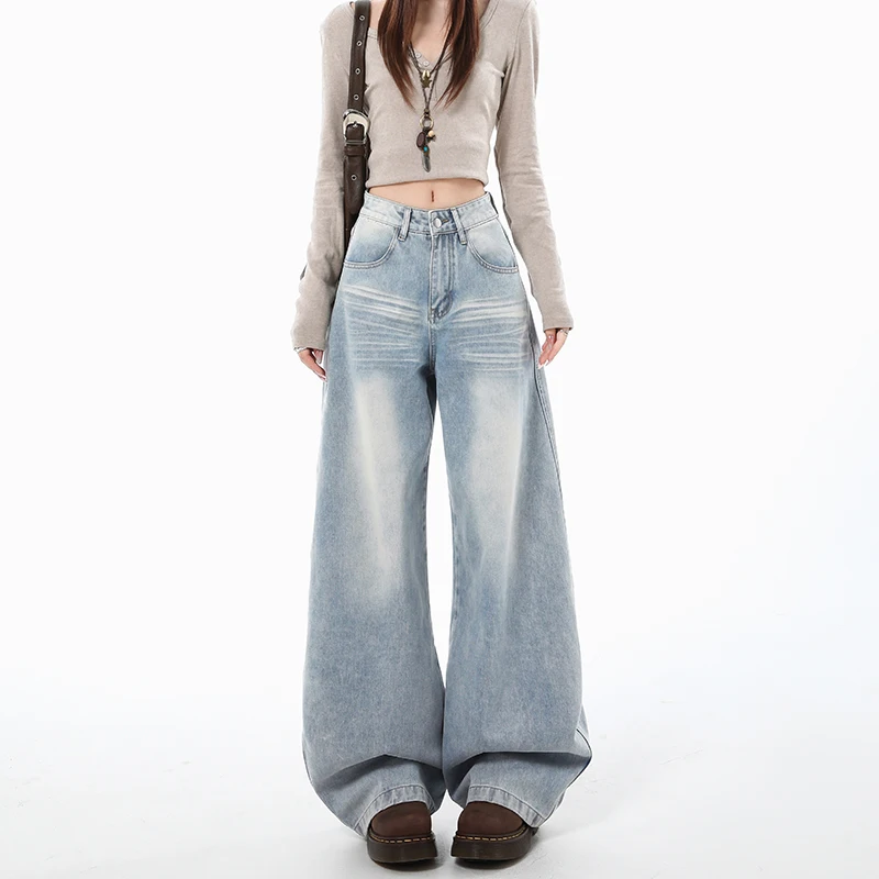 2025 Autumn New High Waist Loose Wide Leg Jeans  Women Y2K Cotton Personalized Design Slim Straight Tube Loose Floor Pants