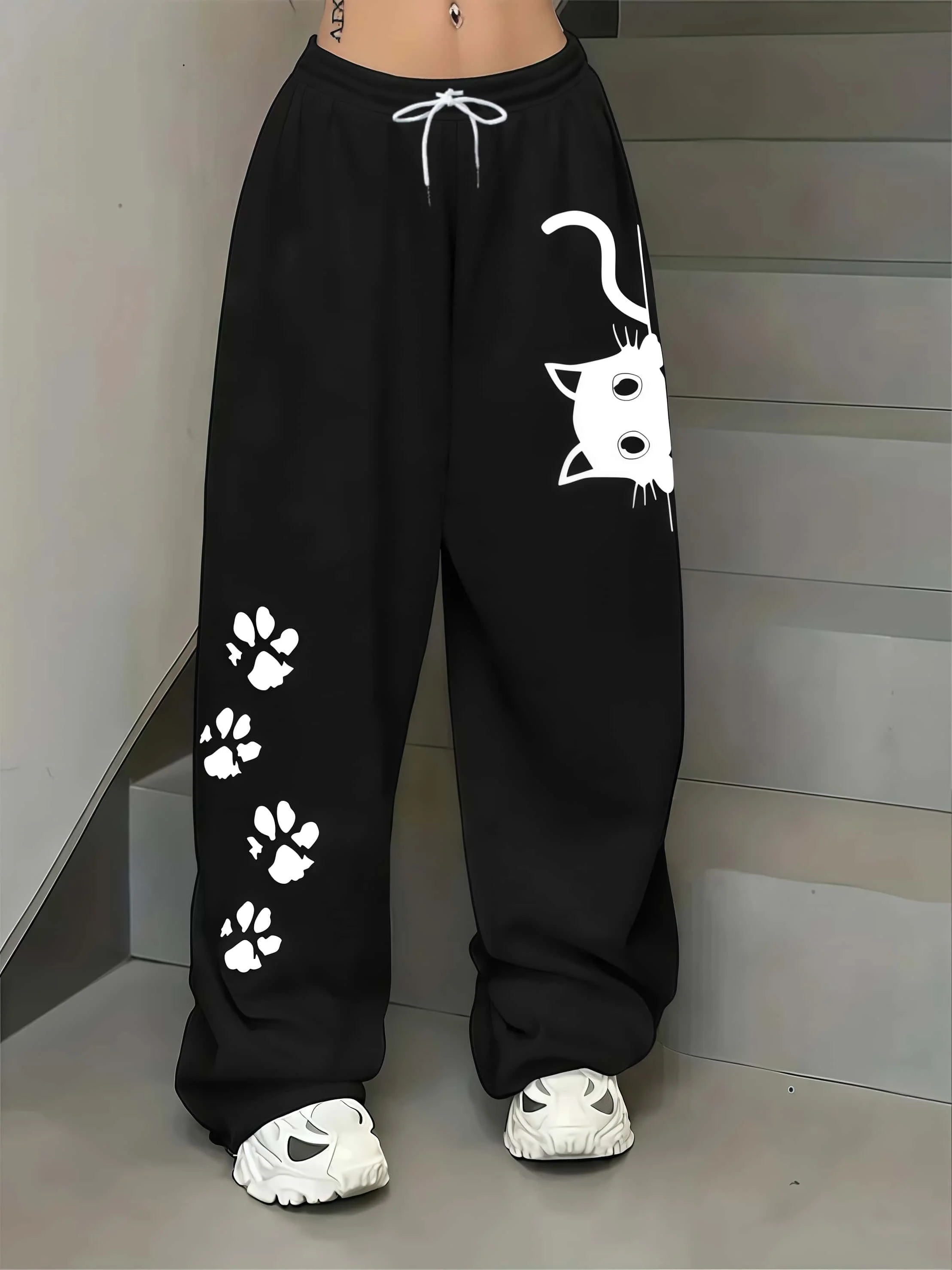 Retro Style Cat Paw Print 3D Printed Wide Leg Pants for Both Men and Women Loose and Comfortable Versatile Pants for The Streets