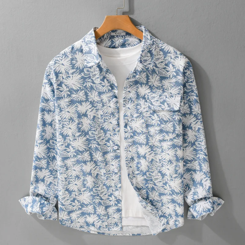 

Мужская гавайская рубашка 2026 года, летняя, новая, с длинным рукавом, с полным принтом, для отпуска, пляжная одежда, хлопково-льняная, дышащая, мужские топы