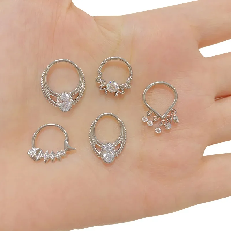 ASTM F136 Titanium EAR PIERC Fan-shaped and side CZ Ring Hoop Nose Rings Hinged Clicker Earring Labret Tragus Ring Body Piercing