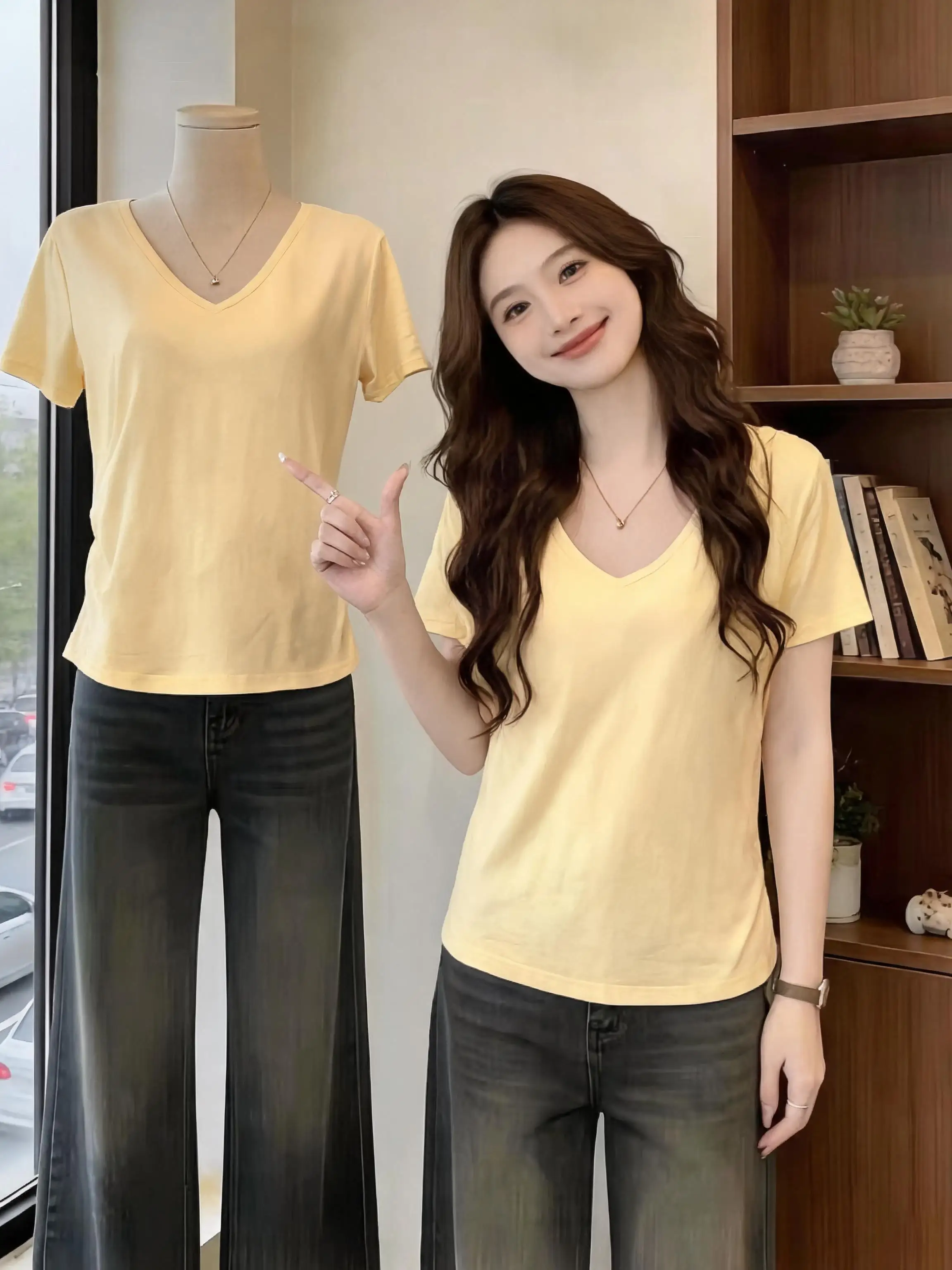 Yellow V-neck Short Sleeve T-shirt Women's Summer Base Layer Top plus Size Slimming Casual Short Length Upper Apparel
