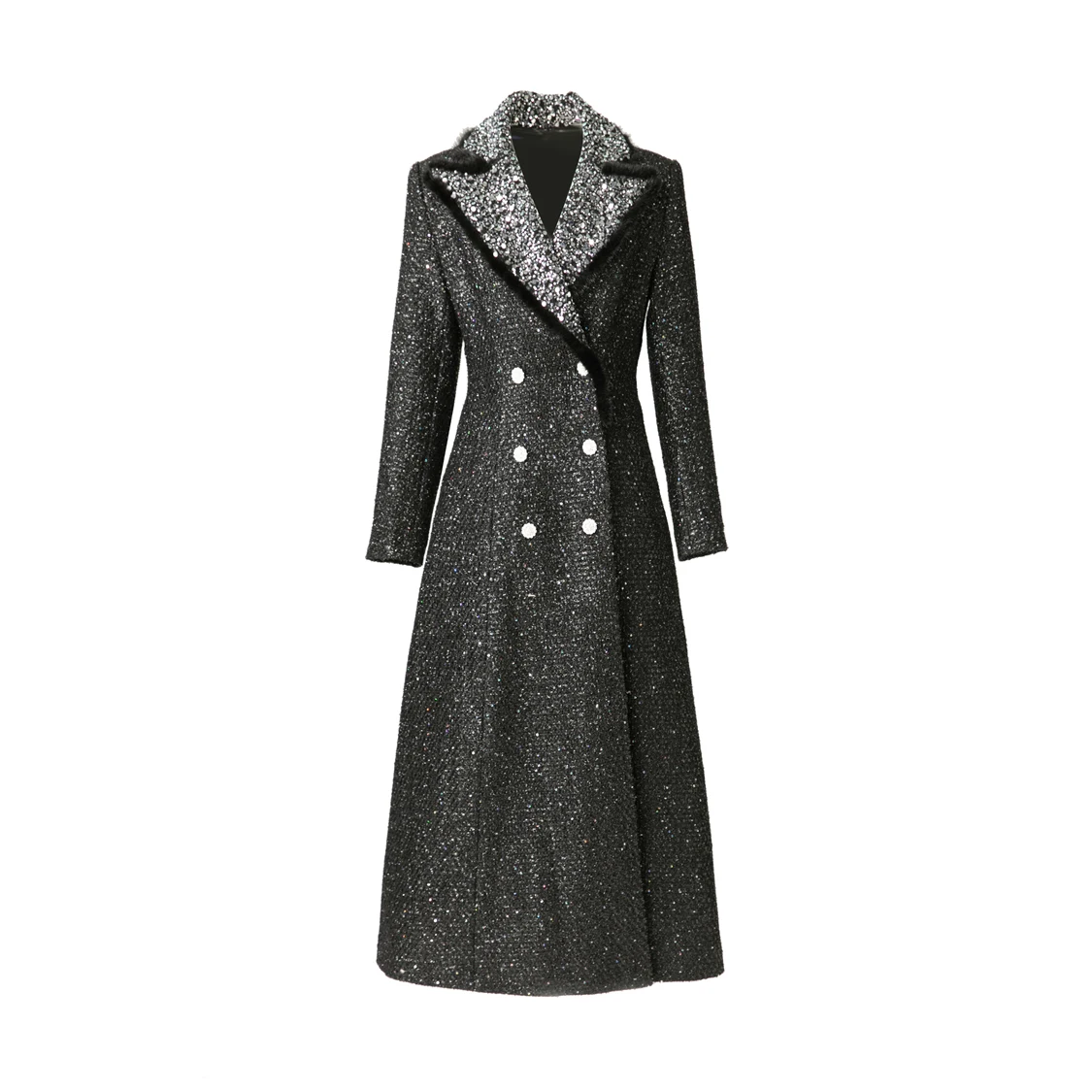 Stunning Black Glittery Sequin - Embellished Mid - length Double - Breasted Coat with Fur - Trimmed Shawl Collar for Fall/Winter