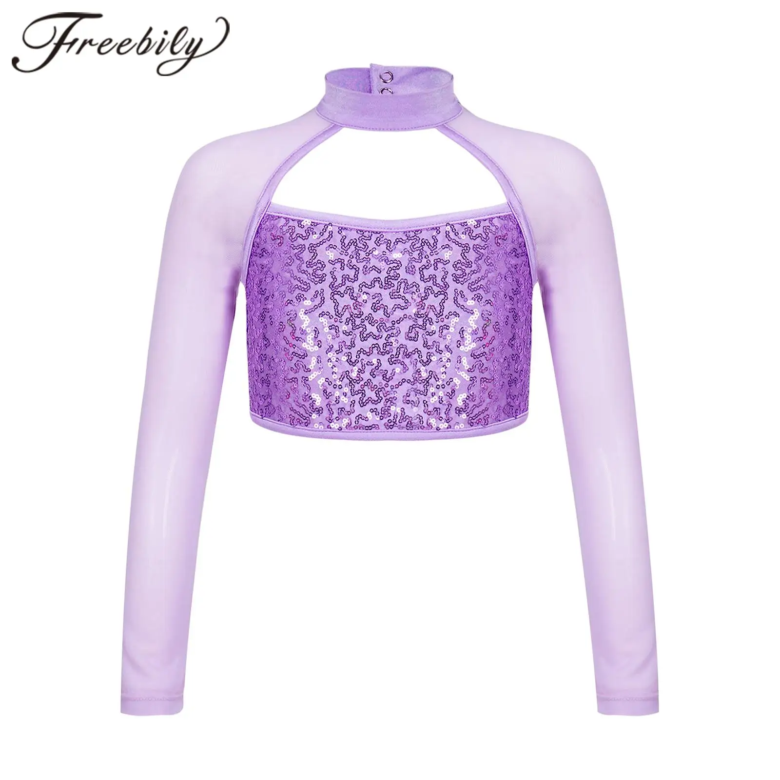 Kids Girls Ballet Gymnastics Tops Long Sleeve Hollow Out Shiny Sequins Dance Crop Top for Jazz Dancing Yoga Fitness Dancewear