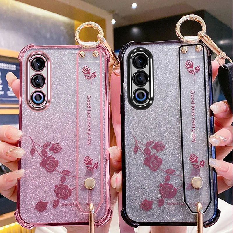 

For OPPO A80 Case Crossbody Lanyard Flowers Gradient Glitter Soft Silicone Case For OPPO A80 5G Wrist Strap Girls Phone Cover