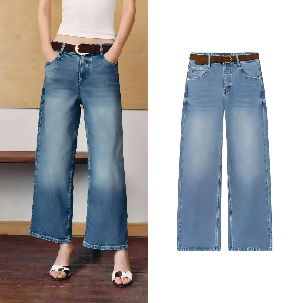 

Women's 2025 chic fashion With Belt casual versatile Seven quarter wide leg jeans retro high waisted zipper women's jeans