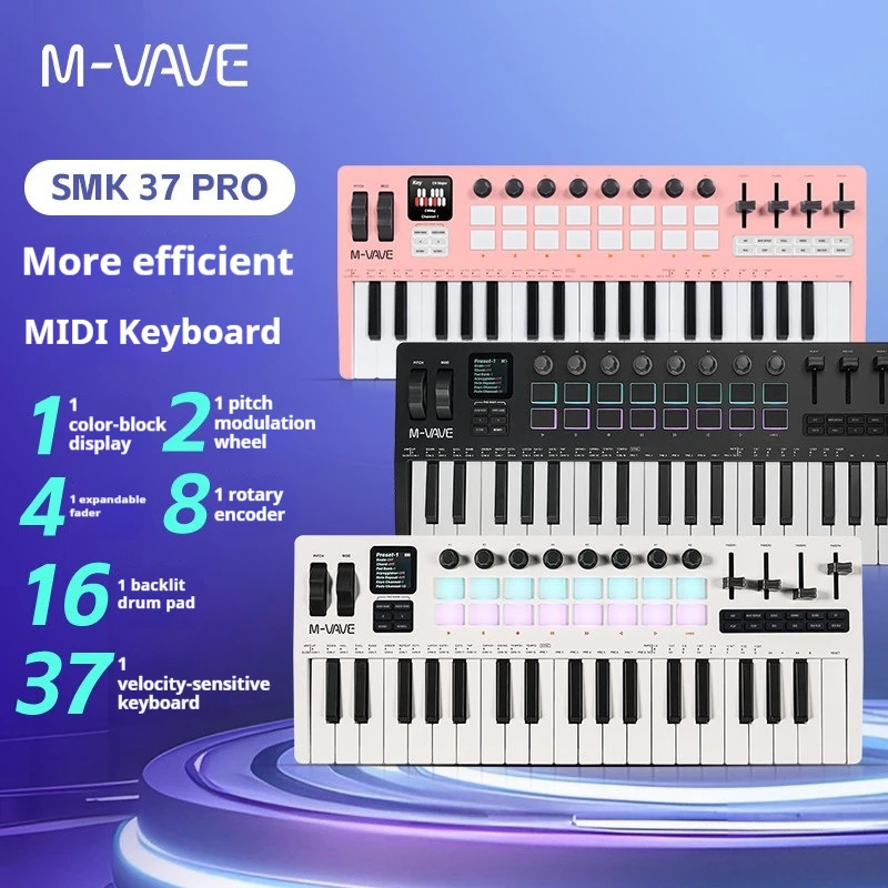 M-VAVE SMK-37 Pro Keyboard Portable 37 Key MIDI Controller​ With Built-in Synth Engine 8 Knobs+16 RGB Pads 37 Key Punching Pad