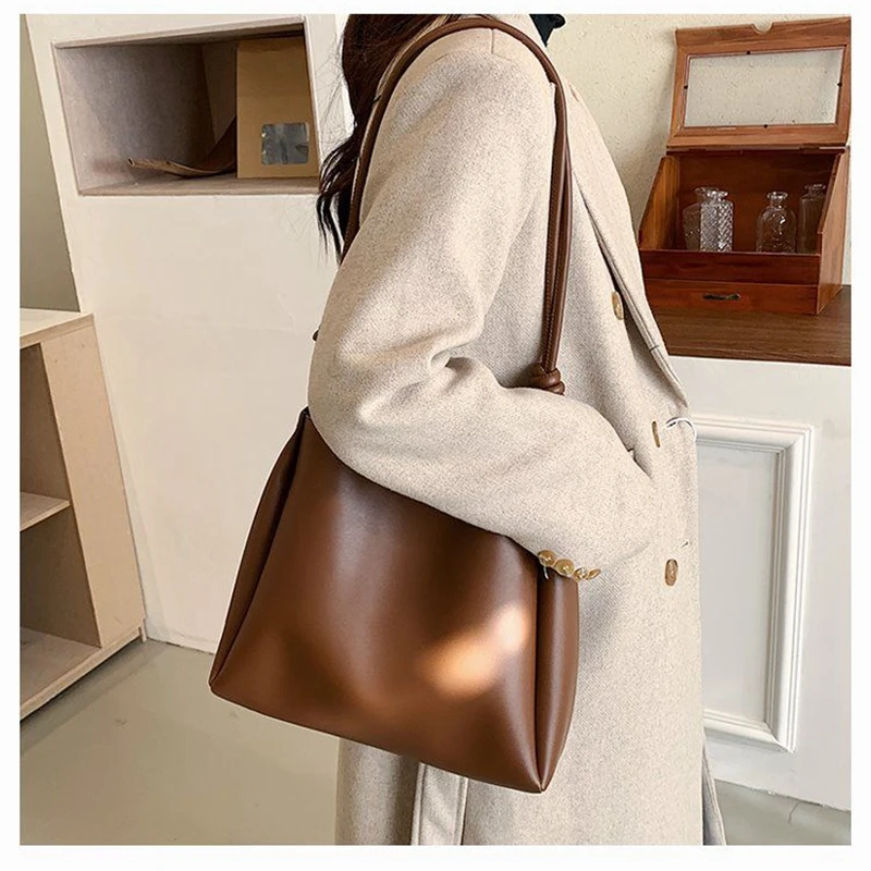 PU Leather Shoulder Bags for Women Solid Tote Hand Bag Female Elegant Purse Handle Bags for Work, Black Brown