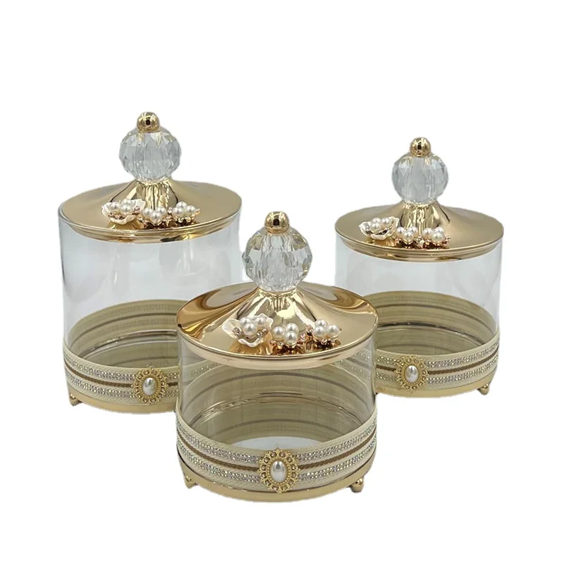 Luxury Gilded Glass Storage Jar Crafts Ornaments Scented Candle Bottle Cotton Swab Box Candy Nut Container Set Decor