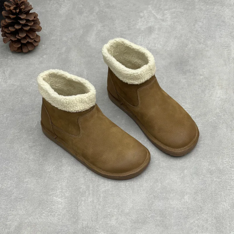 2026 Winter Women Snow Boots Genuine Leather Warm Plush Ankle Booties Lambswool Flat Short Boots Thick Fur Lining Cotton Shoes