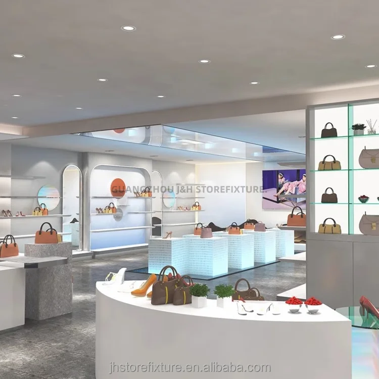 Factory 3D Store Design Rack für Handtaschen. Passen Sie Display-Schuhschrank-Organizer mit LED-Licht für die Ladezeichnung an