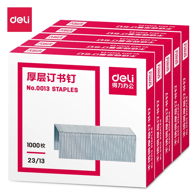 Caja de grapas de alta resistencia Deli 1000, 0013 grapas de 12x12mm, capacidad de 23/13 páginas, papeles de 70g, 100 unids/lote