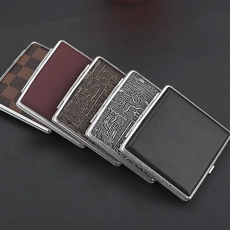 20 Sticks Gift for Men's Leather Cigarette Box Cigar Case Metal Leather Smoking Accessories Cigarette Lady Storage Cover Hold